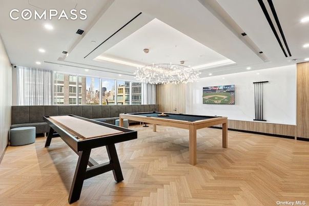 Billiard Table, Chandelier, Game Room, Interior, Recessed Lighting, Wood Texture Flooring