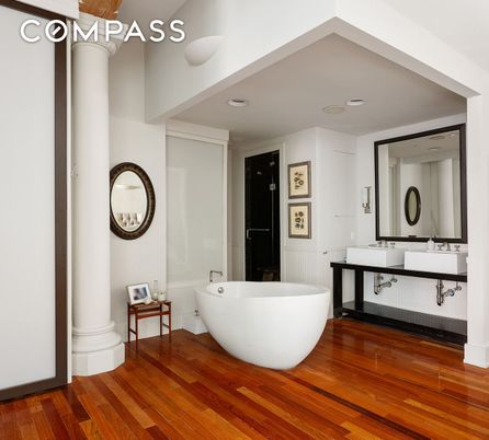 Bathroom, Dual Sink Vanities, Free Standing Baths, Interior, Recessed Lighting, Wood Texture Flooring