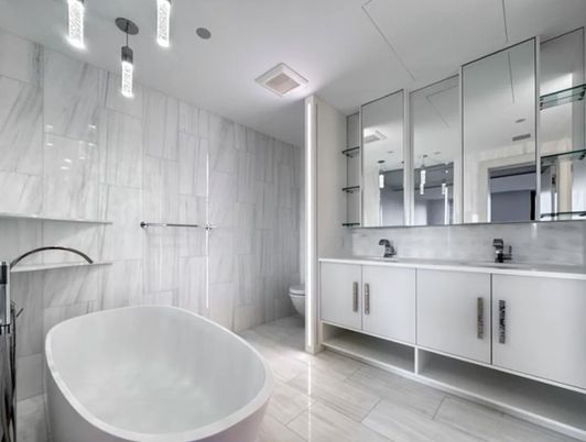 Bathroom, Dual Sink Vanities, Free Standing Baths, Interior, Marble Walls, Pendant Lights