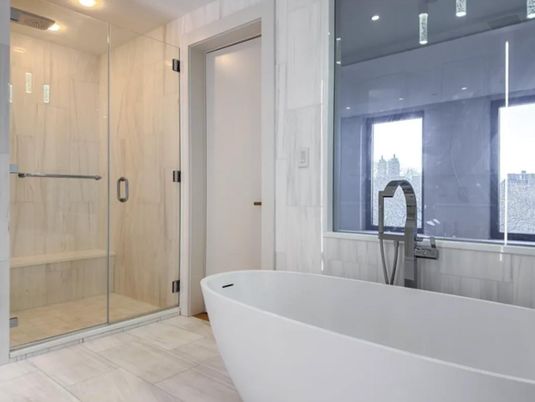 Bathroom, Free Standing Baths, Glass Shower, Interior, Recessed Lighting