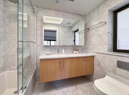 Bathroom, Glass Shower, Interior, Marble, Marble Walls, Recessed Lighting