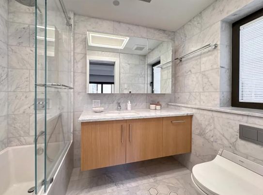Bathroom, Glass Shower, Interior, Marble, Marble Walls, Recessed Lighting