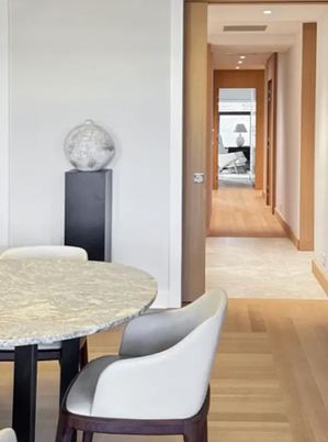 Dining room, Interior, Recessed Lighting, Wood Texture Flooring