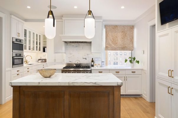 Interior, Kitchen, Marble Walls, Pendant Lights, Recessed Lighting, Stainless Steel Appliances, Wood Texture Flooring