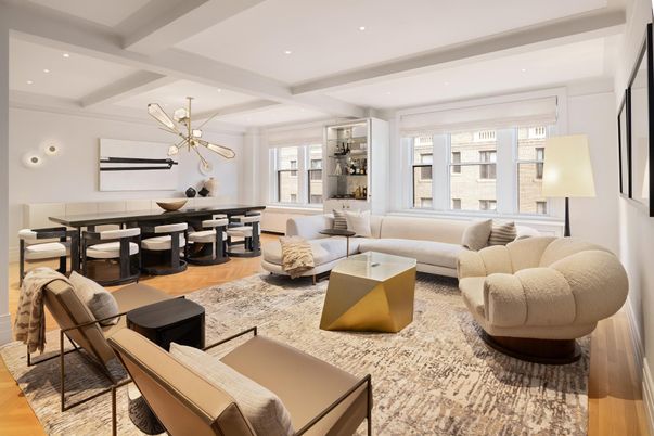 Dining room, Interior, Living room, Pendant Lights, Recessed Lighting, Wood Texture Flooring