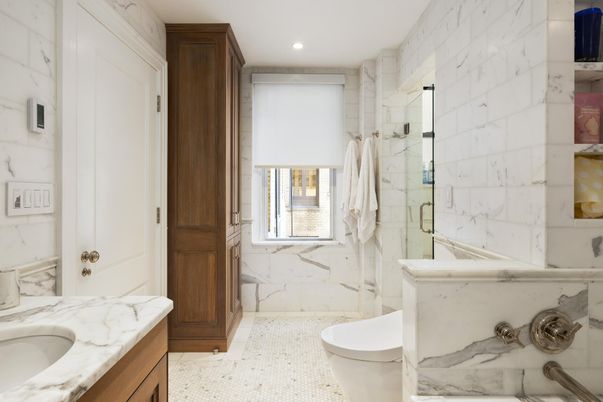 Bathroom, Glass Shower, Interior, Marble Walls, Recessed Lighting