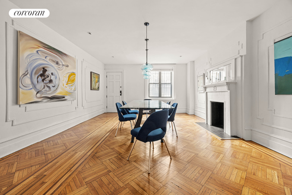 Dining room, Fireplace, Interior, Pendant Lights, Recessed Lighting, Wood Texture Flooring