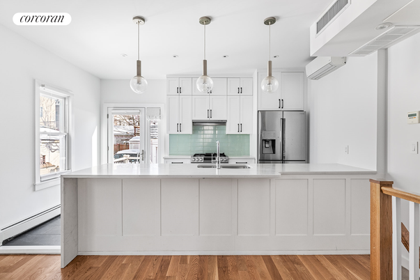 Interior, Kitchen, Pendant Lights, Stainless Steel Appliances, Wood Texture Flooring
