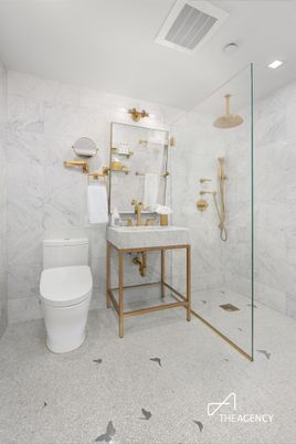 Bathroom, Glass Shower, Interior, Marble Walls, Recessed Lighting