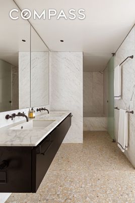 Bathroom, Dual Sink Vanities, Glass Shower, Interior, Marble Walls, Recessed Lighting