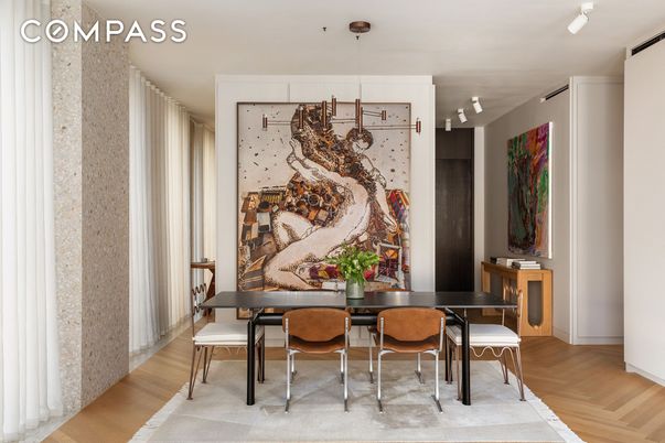 Dining room, Interior, Pendant Lights, Wood Texture Flooring