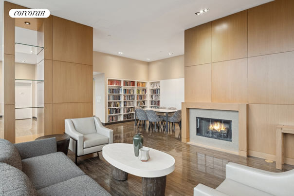 Dining room, Fireplace, Interior, Living room, Recessed Lighting, Wood Texture Flooring, Wooden Walls