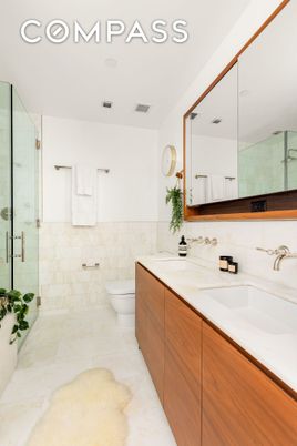 Bathroom, Dual Sink Vanities, Glass Shower, Interior, Marble, Recessed Lighting