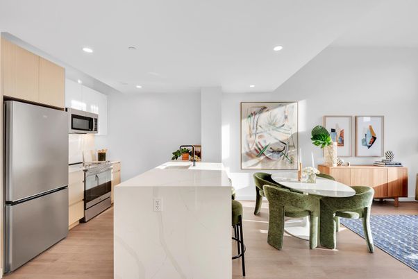 Dining room, Interior, Kitchen, Recessed Lighting, Stainless Steel Appliances, Wood Texture Flooring