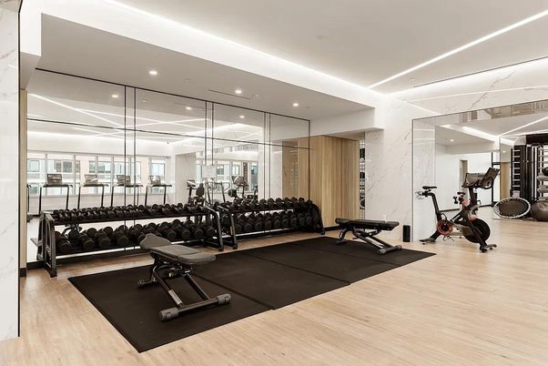 Fitness Equipment, Gym, Interior, Recessed Lighting, Wood Texture Flooring