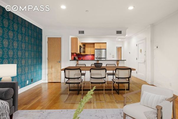 Dining room, Interior, Kitchen, Recessed Lighting, Stainless Steel Appliances, Wood Texture Flooring