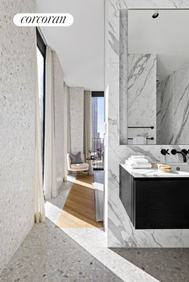 Bathroom, Interior, Marble, Marble Walls, Recessed Lighting, Wood Texture Flooring