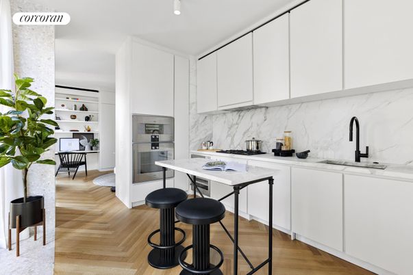 Interior, Kitchen, Marble Walls, Wood Texture Flooring