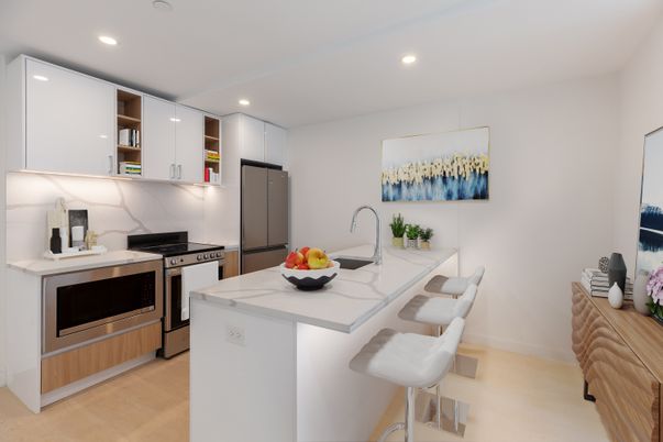 Interior, Kitchen, Marble Walls, Recessed Lighting, Stainless Steel Appliances