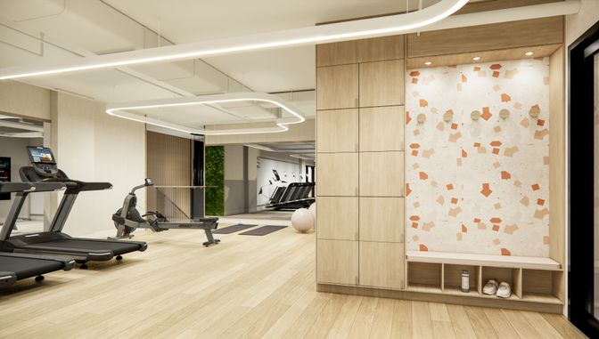 Fitness Equipment, Interior, Recessed Lighting, Wood Texture Flooring
