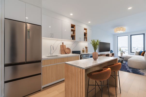 Interior, Kitchen, Living room, Recessed Lighting, Stainless Steel Appliances, Wood Texture Flooring