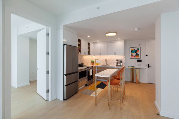 Interior, Kitchen, Marble Walls, Recessed Lighting, Wood Texture Flooring