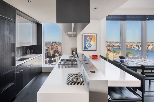 Interior, Kitchen, Recessed Lighting, Stainless Steel Appliances, Water, Wood Texture Flooring