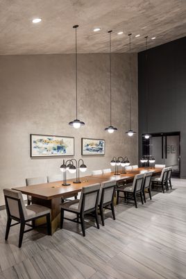 Dining room, Interior, Living room, Pendant Lights, Recessed Lighting, Wood Texture Flooring