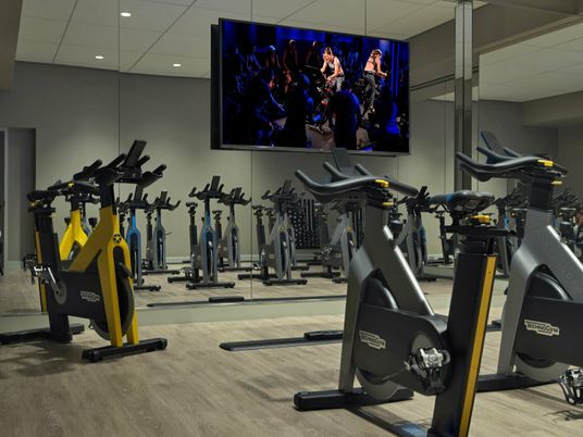 Fitness Equipment, Gym, Interior, Recessed Lighting, Wood Texture Flooring