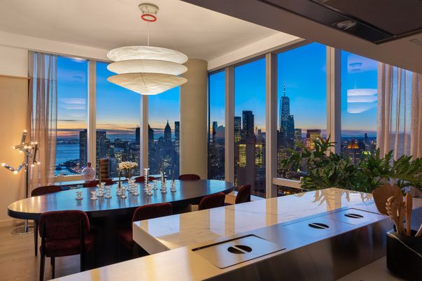 Dining room, Interior, Pendant Lights, Water, Skyline