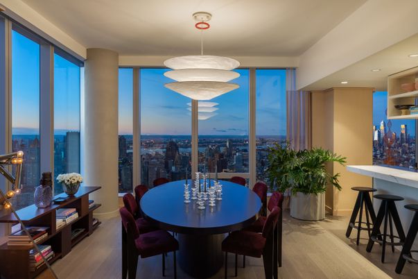 Dining room, Interior, Pendant Lights, Recessed Lighting, Water, Wood Texture Flooring