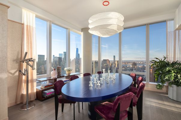 Dining room, Interior, Pendant Lights, Wood Texture Flooring, Skyline