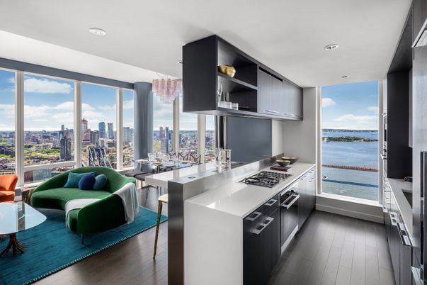 Dining room, Interior, Kitchen, Recessed Lighting, Stainless Steel Appliances, Water, Wood Texture Flooring