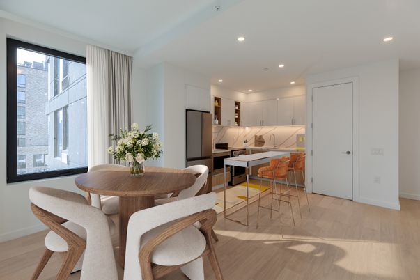 Dining room, Interior, Kitchen, Recessed Lighting, Wood Texture Flooring