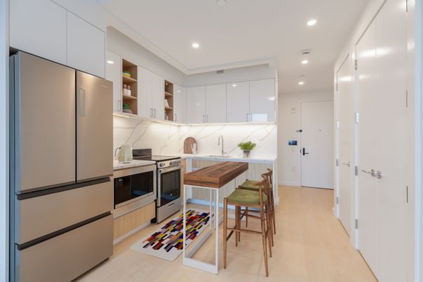 Interior, Kitchen, Recessed Lighting, Stainless Steel Appliances, Wood Texture Flooring