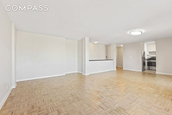 Empty room, Interior, Kitchen, Stainless Steel Appliances, Wood Texture Flooring