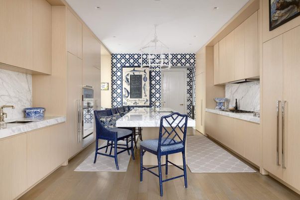 Dining room, Interior, Kitchen, Marble Walls, Pendant Lights, Recessed Lighting, Wood Texture Flooring