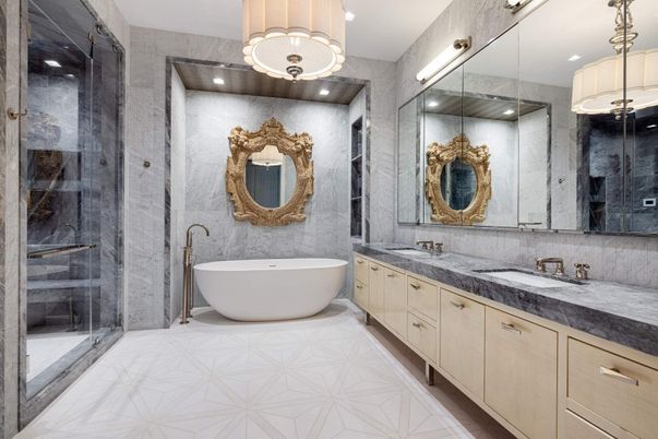 Bathroom, Dual Sink Vanities, Free Standing Baths, Glass Shower, Interior, Marble, Pendant Lights