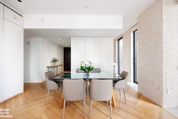 Dining room, Interior, Recessed Lighting, Wood Texture Flooring