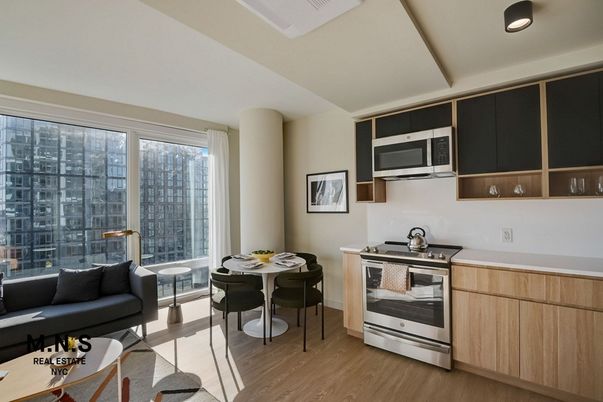 Dining room, Interior, Kitchen, Living room, Recessed Lighting, Stainless Steel Appliances, Wood Texture Flooring