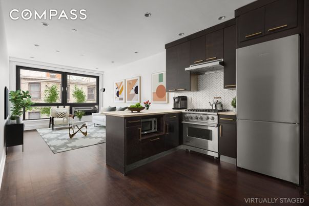 Interior, Kitchen, Living room, Recessed Lighting, Stainless Steel Appliances, Wood Texture Flooring