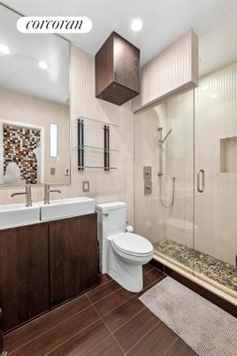 Bathroom, Glass Shower, Interior, Recessed Lighting, Wood Texture Flooring