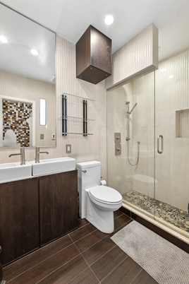 Bathroom, Glass Shower, Interior, Recessed Lighting, Wood Texture Flooring