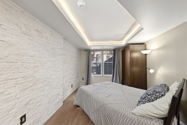 Bedroom, Interior, Recessed Lighting, Stone Walls, Wood Texture Flooring