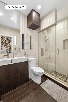 Bathroom, Glass Shower, Interior, Recessed Lighting, Wood Texture Flooring