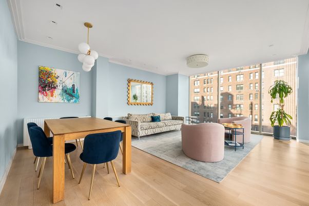 Dining room, Interior, Living room, Pendant Lights, Recessed Lighting, Wood Texture Flooring