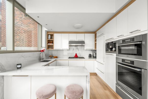Interior, Kitchen, Recessed Lighting, Stainless Steel Appliances, Stone Walls, Wood Texture Flooring