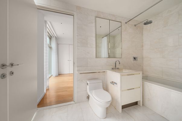 Bathroom, Interior, Marble, Marble Walls, Recessed Lighting, Wood Texture Flooring