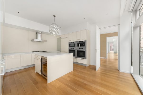 Chandelier, Interior, Kitchen, Pendant Lights, Recessed Lighting, Stainless Steel Appliances, Wood Texture Flooring