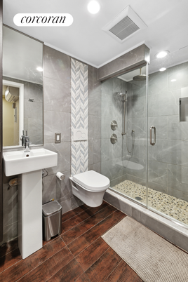 Bathroom, Glass Shower, Interior, Recessed Lighting, Wood Texture Flooring